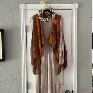 Hippie costume! Dress, fringe vest, flower crown, & extra patches!